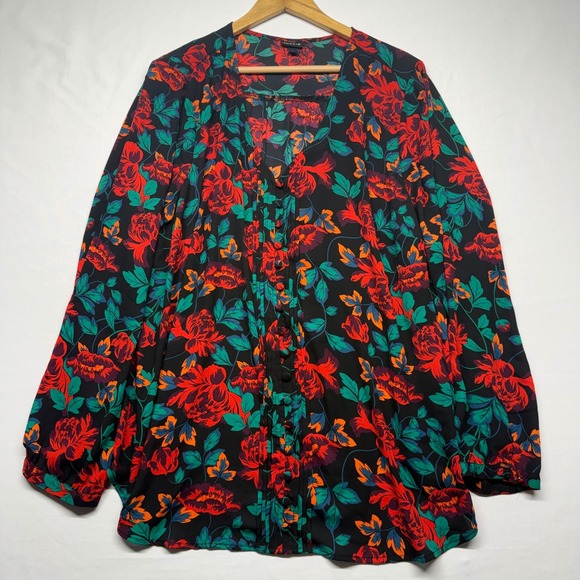 Torrid Floral Blouse Size 3 Boho Peasant Top Sheer Tie Neck Black - Picture 2 of 12